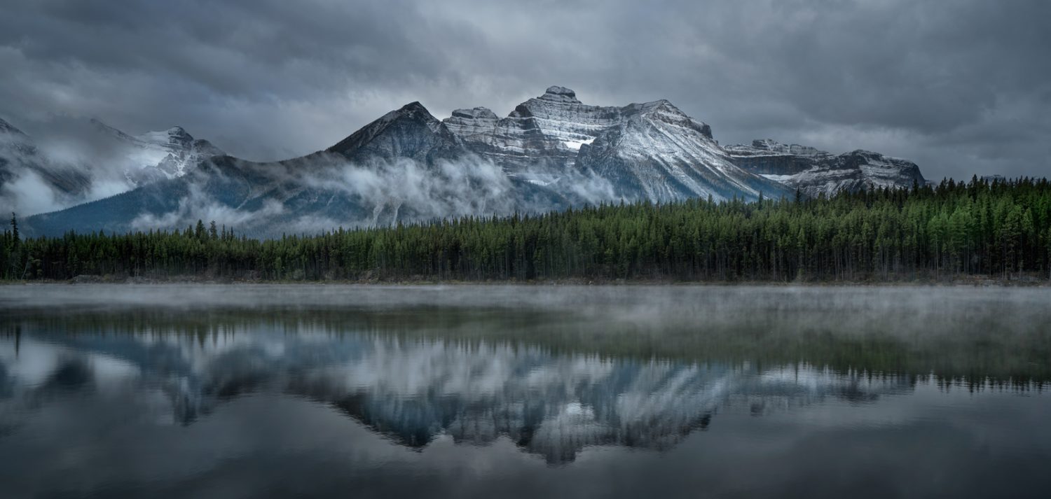 Morning mist rolling over Herbert Lake, Banff Photography Workshop.